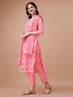 Printed Cotton Kurta With Pant & Dupatta, Multicolor - Hiral Fashion - Distacart