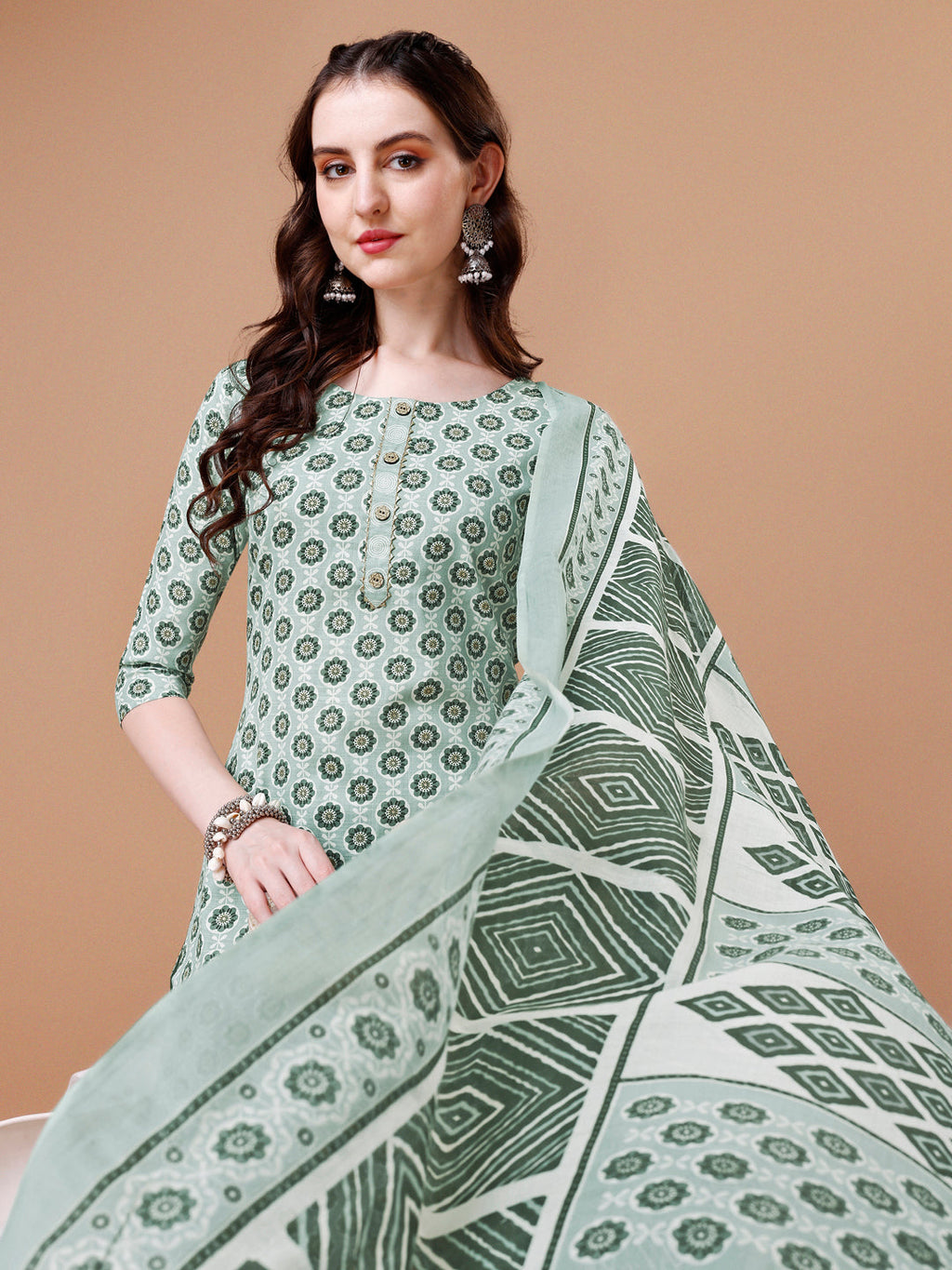 Floral Printed Cotton Kurta With Pant & Dupatta, Multicolor - Hiral Fashion