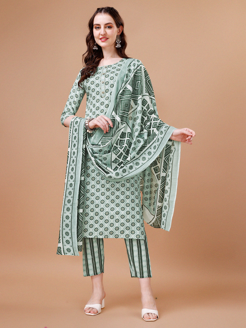 Floral Printed Cotton Kurta With Pant & Dupatta, Multicolor - Hiral Fashion