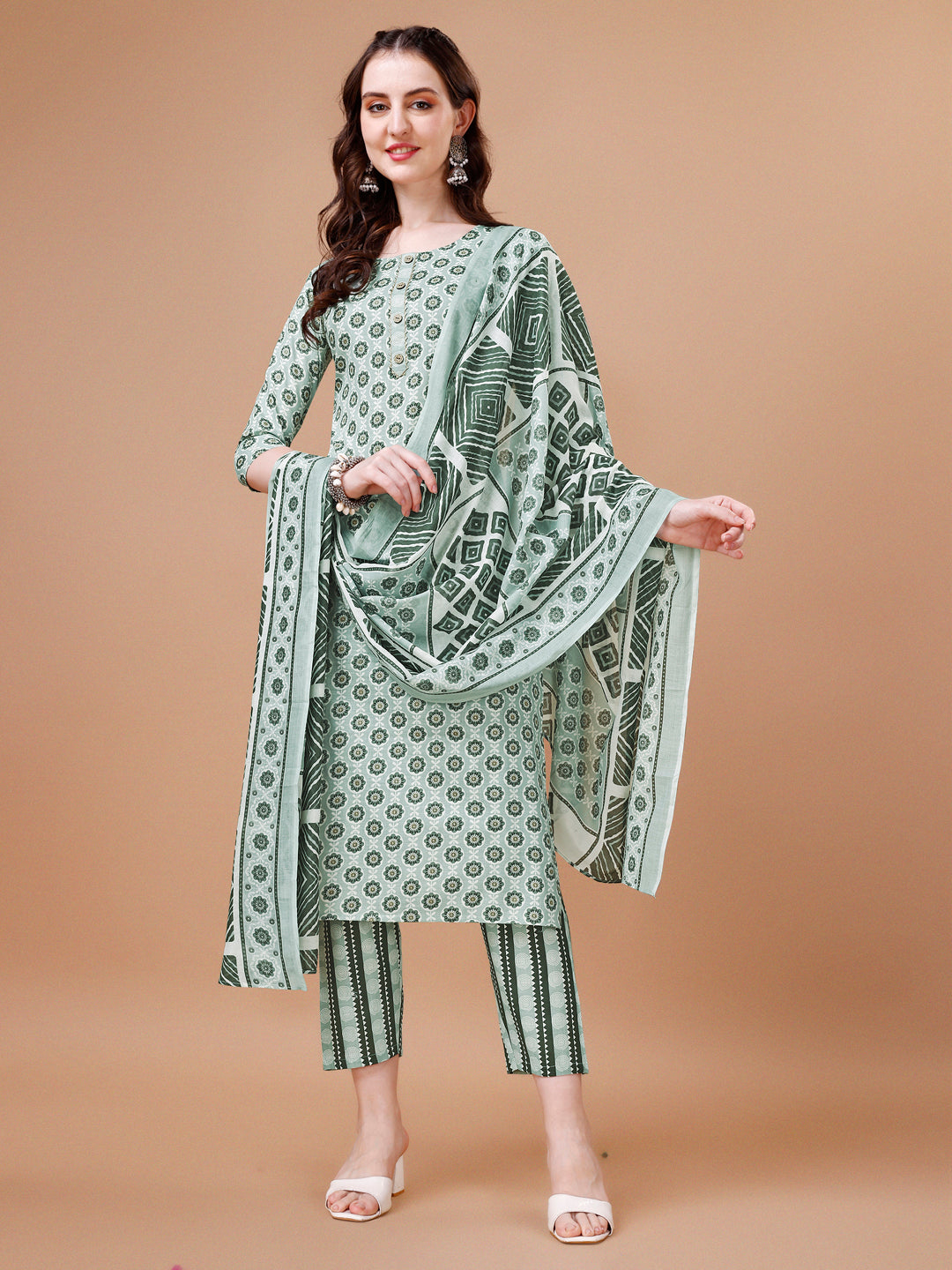 Floral Printed Cotton Kurta With Pant & Dupatta, Multicolor - Hiral Fashion