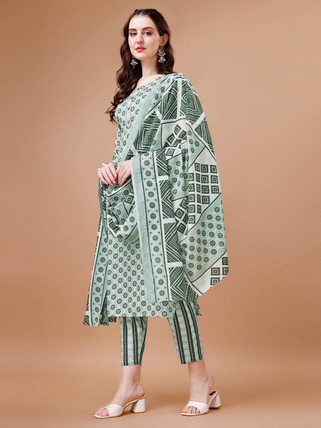 Floral Printed Cotton Kurta With Pant & Dupatta, Multicolor - Hiral Fashion
