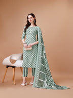Floral Printed Cotton Kurta With Pant & Dupatta, Multicolor - Hiral Fashion