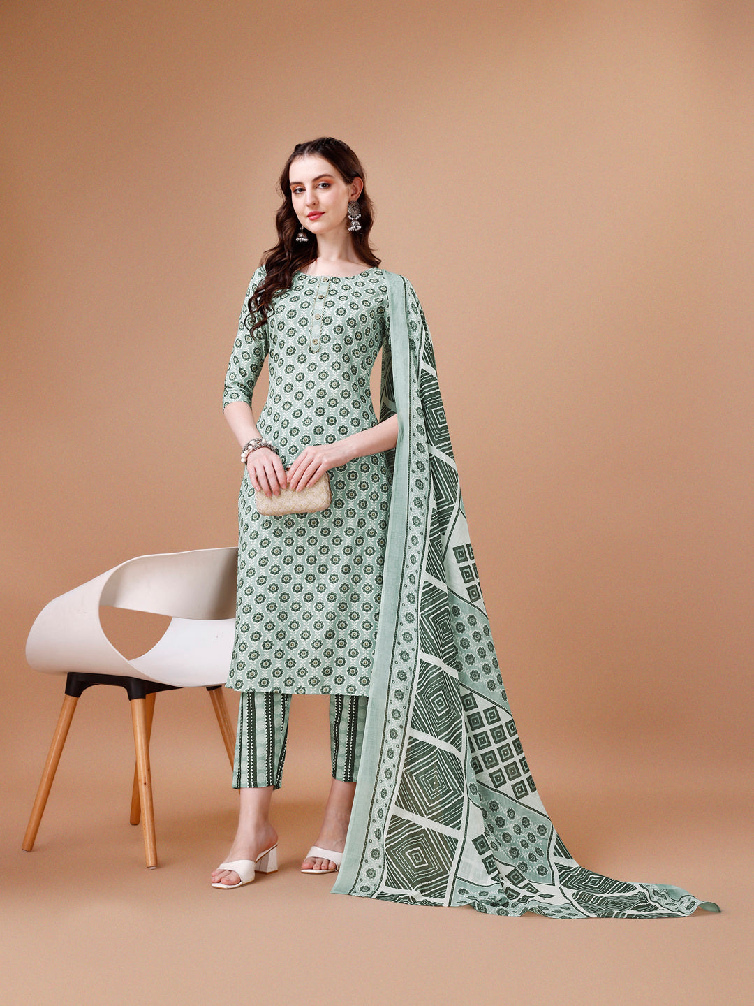 Floral Printed Cotton Kurta With Pant & Dupatta, Multicolor - Hiral Fashion