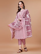 Floral Printed Cotton Kurta With Pant & Dupatta, Multicolor - Hiral Fashion