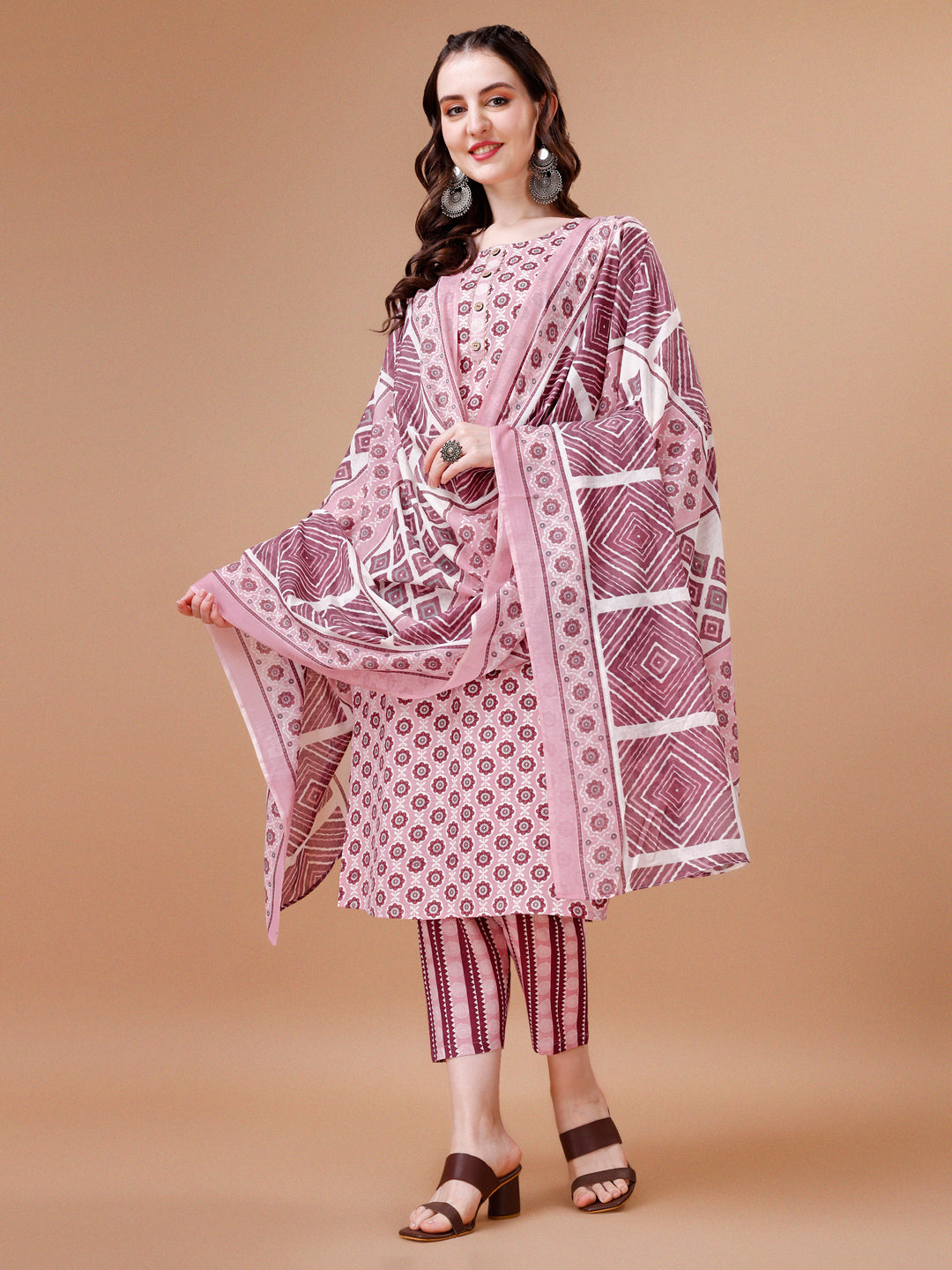 Floral Printed Cotton Kurta With Pant & Dupatta, Multicolor - Hiral Fashion