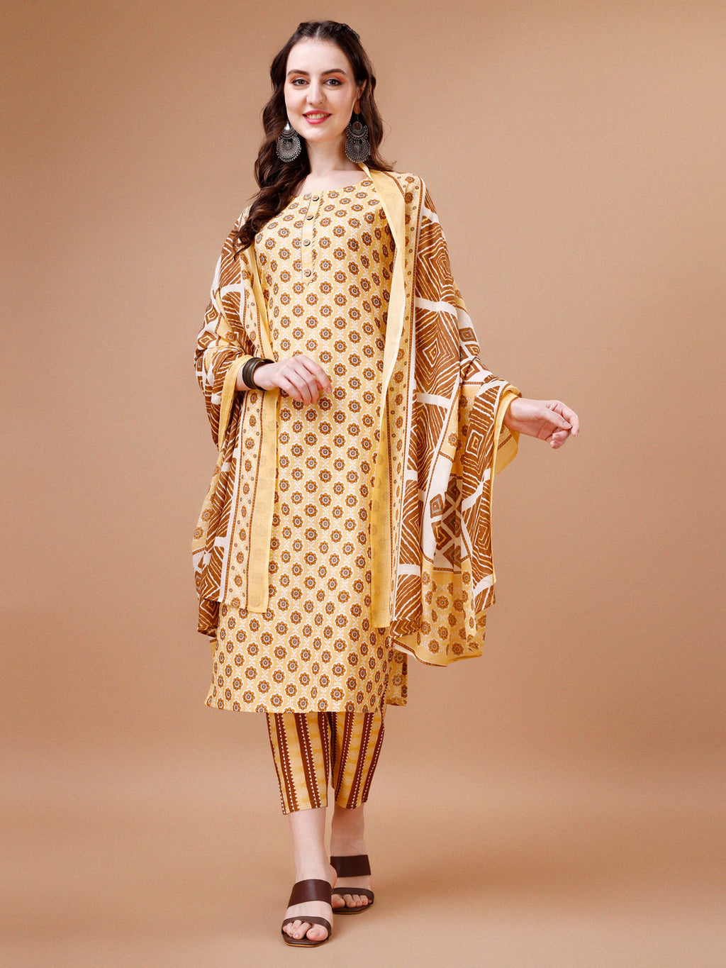 Floral Printed Cotton Kurta With Pant & Dupatta, Multicolor - Hiral Fashion