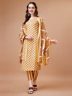 Floral Printed Cotton Kurta With Pant & Dupatta, Multicolor - Hiral Fashion