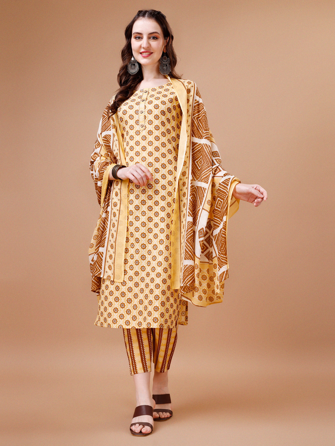 Floral Printed Cotton Kurta With Pant & Dupatta, Multicolor - Hiral Fashion