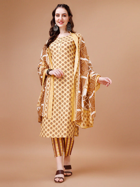 Floral Printed Cotton Kurta With Pant & Dupatta, Multicolor - Hiral Fashion