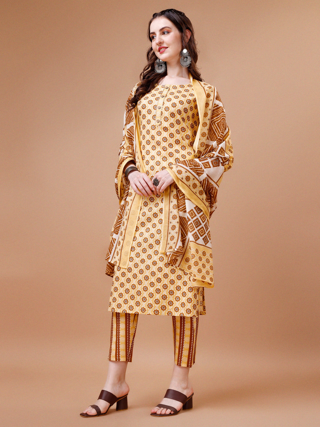 Floral Printed Cotton Kurta With Pant & Dupatta, Multicolor - Hiral Fashion