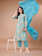 Floral Printed Kurta With Pant & Dupatta, Multicolor - Hiral Fashion