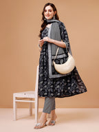 Leaf Printed Flared Kurta With Pant & Dupatta, Multicolor - Hiral Fashion - Distacart