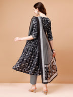 Leaf Printed Flared Kurta With Pant & Dupatta, Multicolor - Hiral Fashion - Distacart
