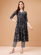 Leaf Printed Flared Kurta With Pant & Dupatta, Multicolor - Hiral Fashion - Distacart