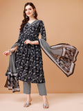 Leaf Printed Flared Kurta With Pant & Dupatta, Multicolor - Hiral Fashion - Distacart