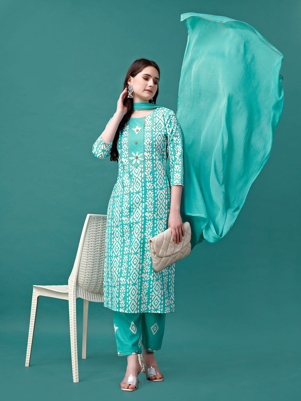 Bandhani Printed Cotton Kurta With Pant & Dupatta, Multicolor - Hiral Fashion - Distacart