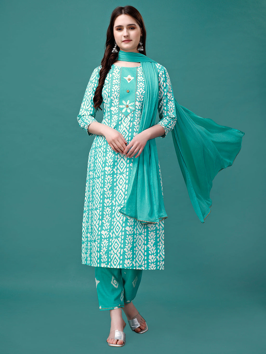 Bandhani Printed Cotton Kurta With Pant & Dupatta, Multicolor - Hiral Fashion - Distacart