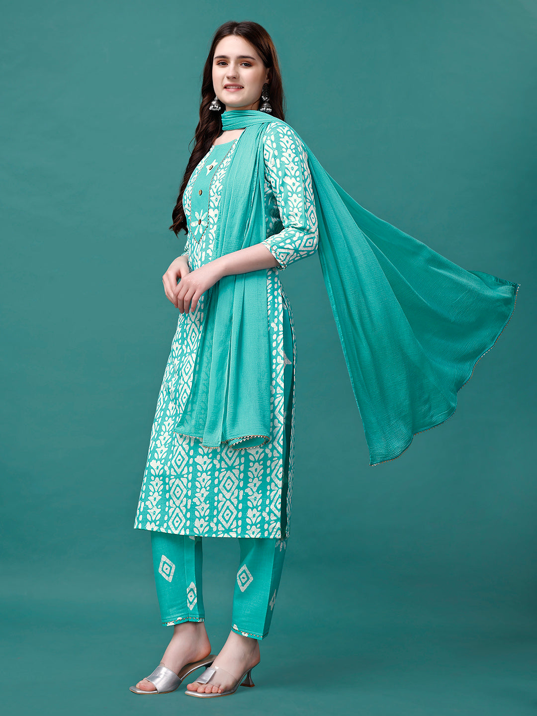 Bandhani Printed Cotton Kurta With Pant & Dupatta, Multicolor - Hiral Fashion - Distacart