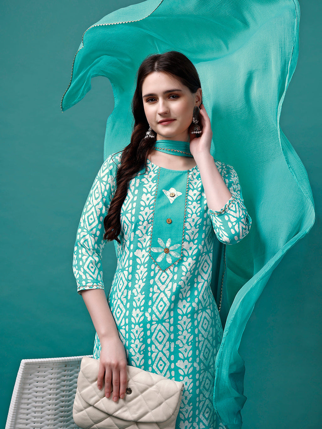 Bandhani Printed Cotton Kurta With Pant & Dupatta, Multicolor - Hiral Fashion - Distacart