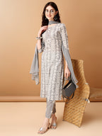 Bandhani Printed Cotton Kurta With Pant & Dupatta, Grey - Hiral Fashion