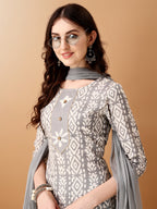 Bandhani Printed Cotton Kurta With Pant & Dupatta, Grey - Hiral Fashion