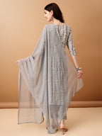 Bandhani Printed Cotton Kurta With Pant & Dupatta, Grey - Hiral Fashion
