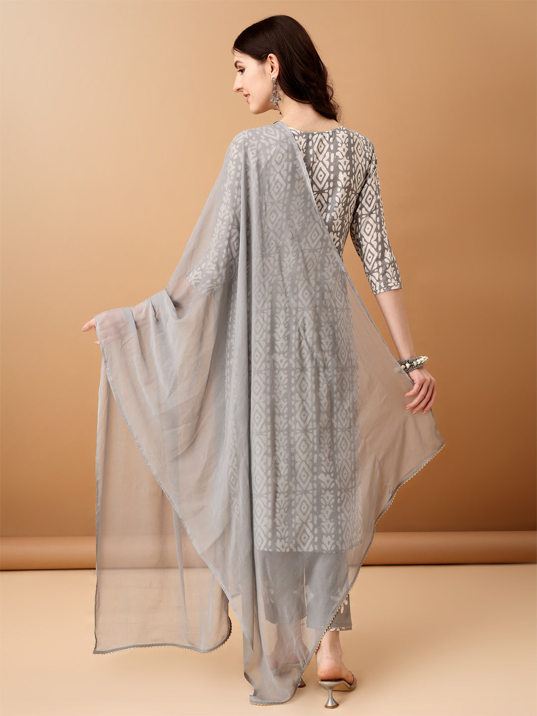 Bandhani Printed Cotton Kurta With Pant & Dupatta, Grey - Hiral Fashion