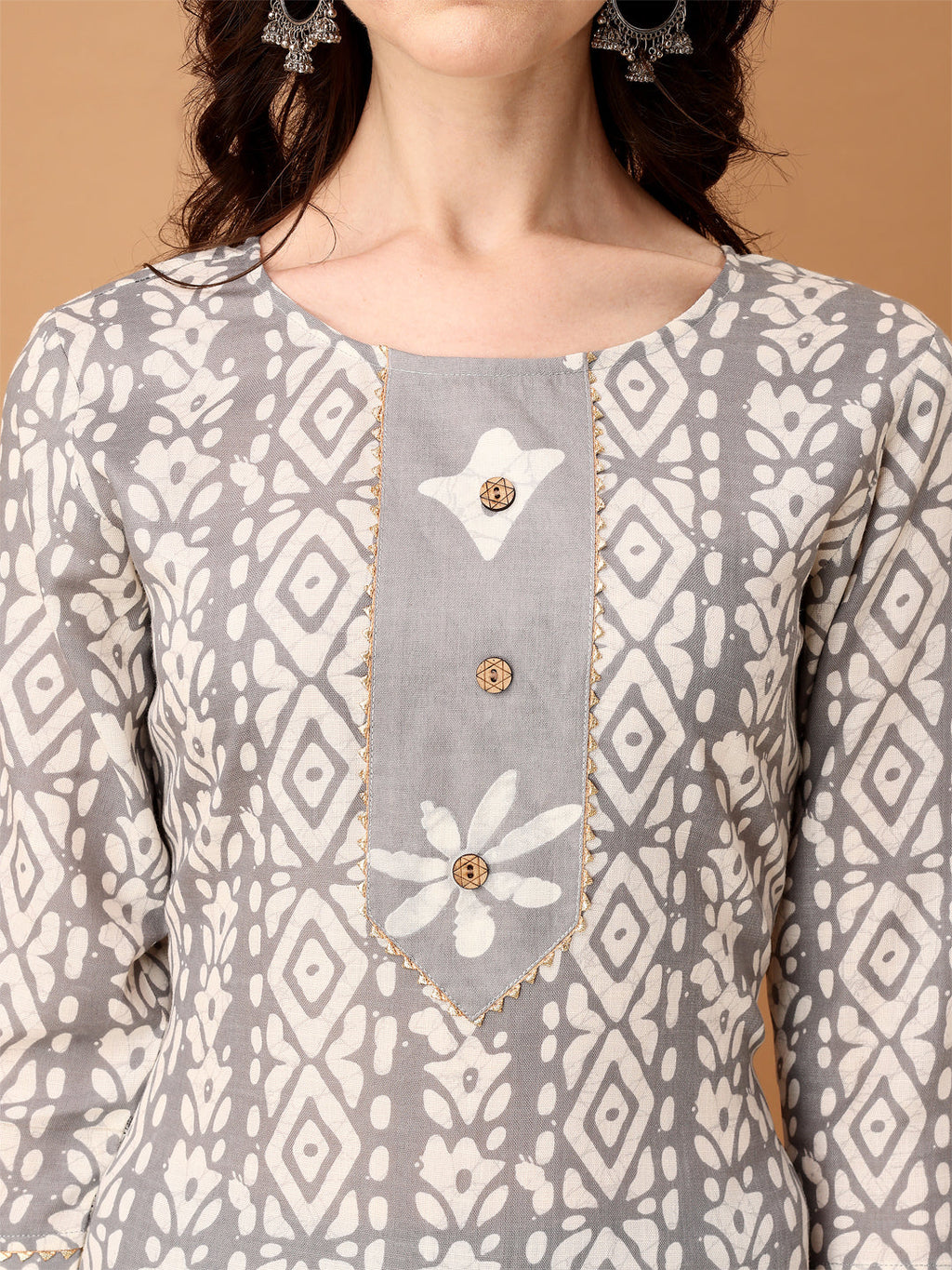 Bandhani Printed Cotton Kurta With Pant & Dupatta, Grey - Hiral Fashion