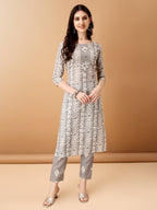 Bandhani Printed Cotton Kurta With Pant & Dupatta, Grey - Hiral Fashion