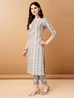 Bandhani Printed Cotton Kurta With Pant & Dupatta, Grey - Hiral Fashion