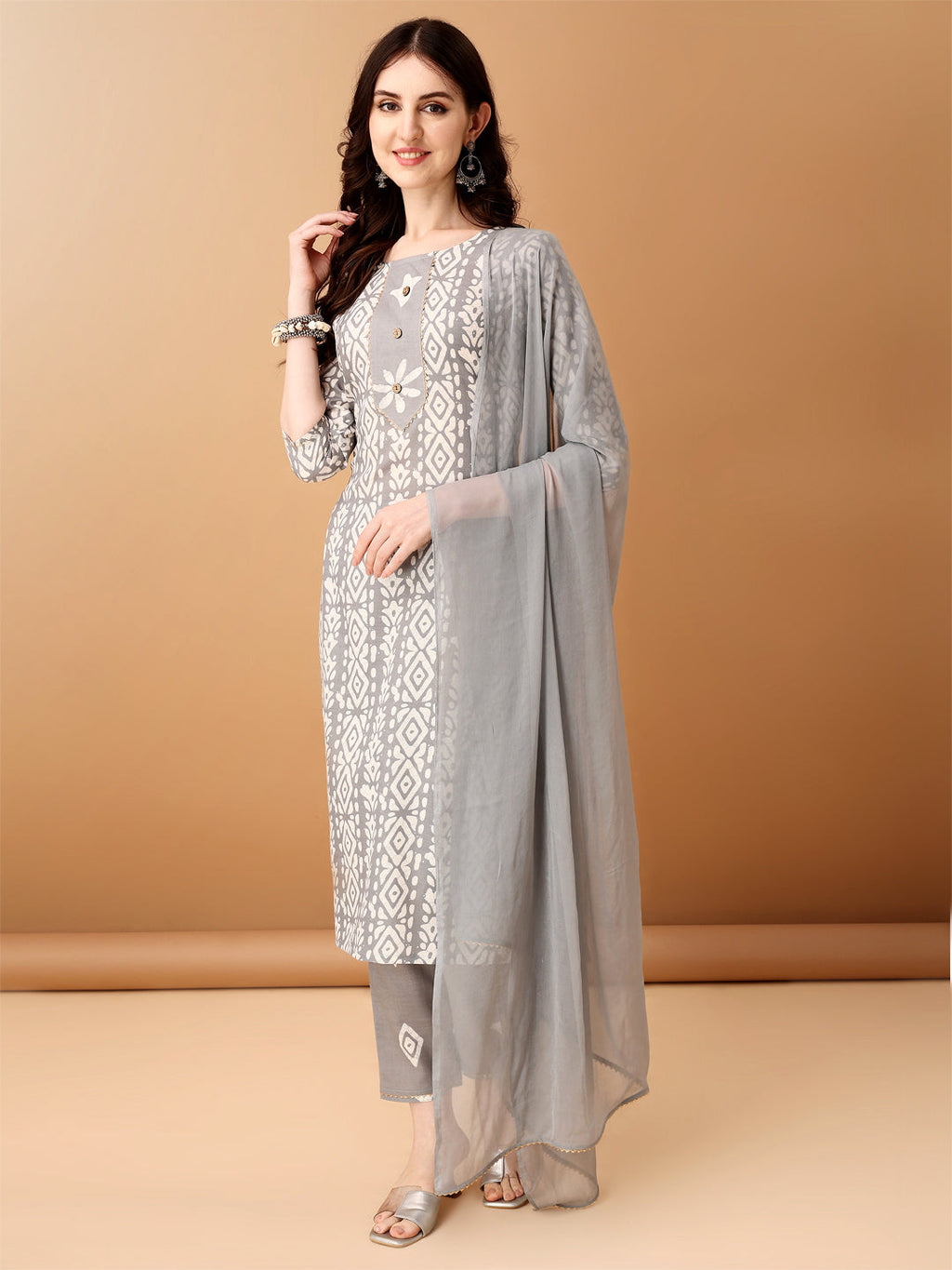 Bandhani Printed Cotton Kurta With Pant & Dupatta, Grey - Hiral Fashion