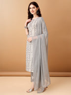 Bandhani Printed Cotton Kurta With Pant & Dupatta, Grey - Hiral Fashion
