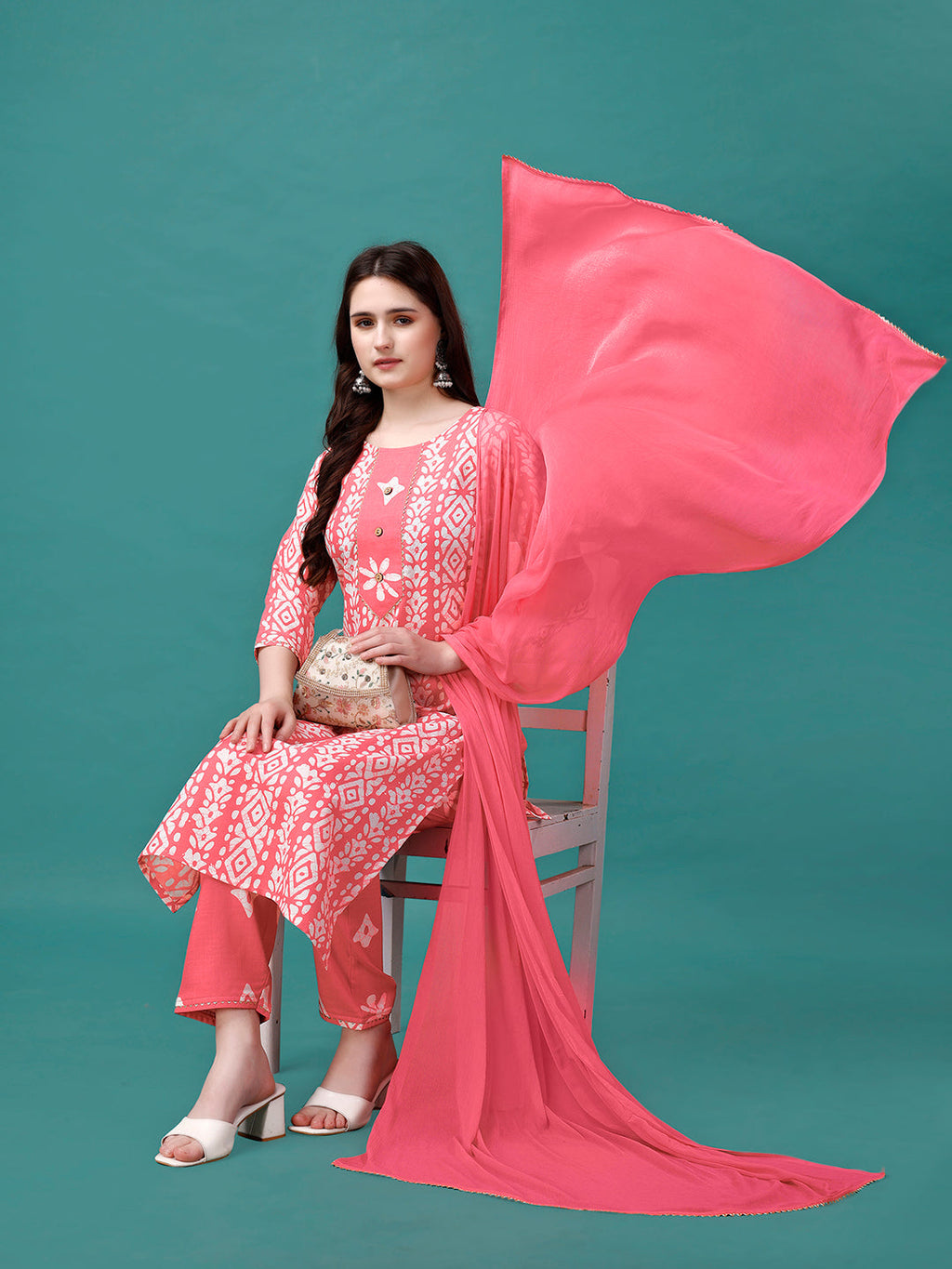Bandhani Printed Cotton Kurta With Pant & Dupatta, Multicolor - Hiral Fashion - Distacart