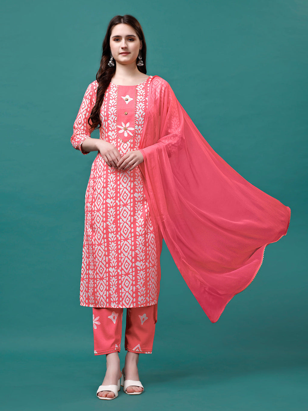 Bandhani Printed Cotton Kurta With Pant & Dupatta, Multicolor - Hiral Fashion - Distacart