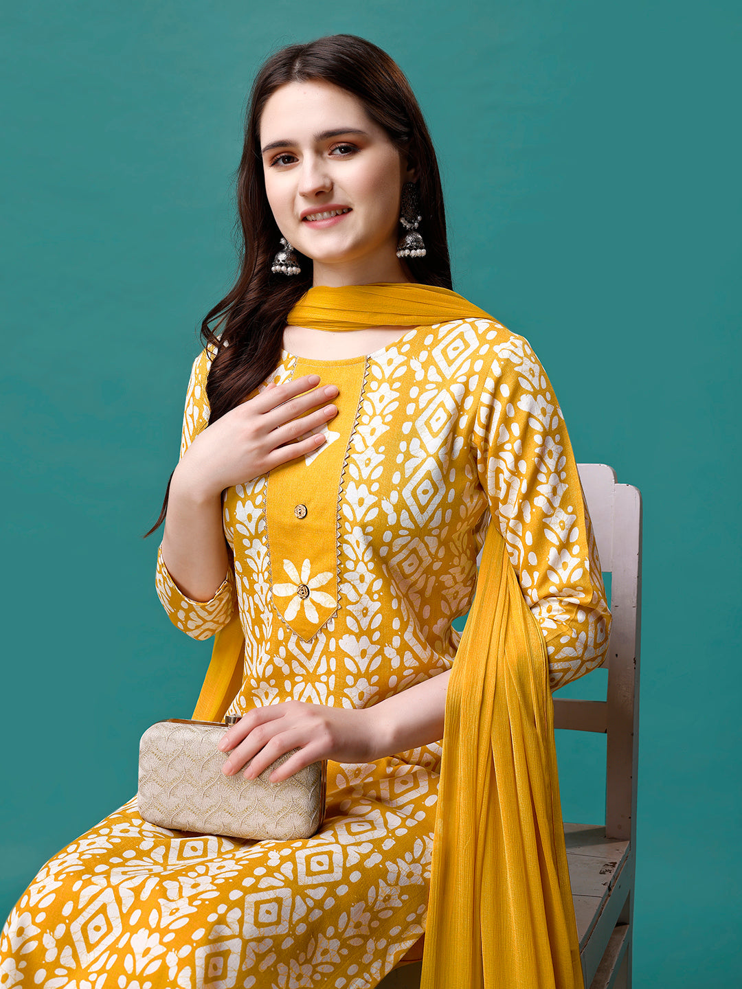 Bandhani Printed Cotton Kurta With Pant & Dupatta, Multicolor - Hiral Fashion - Distacart