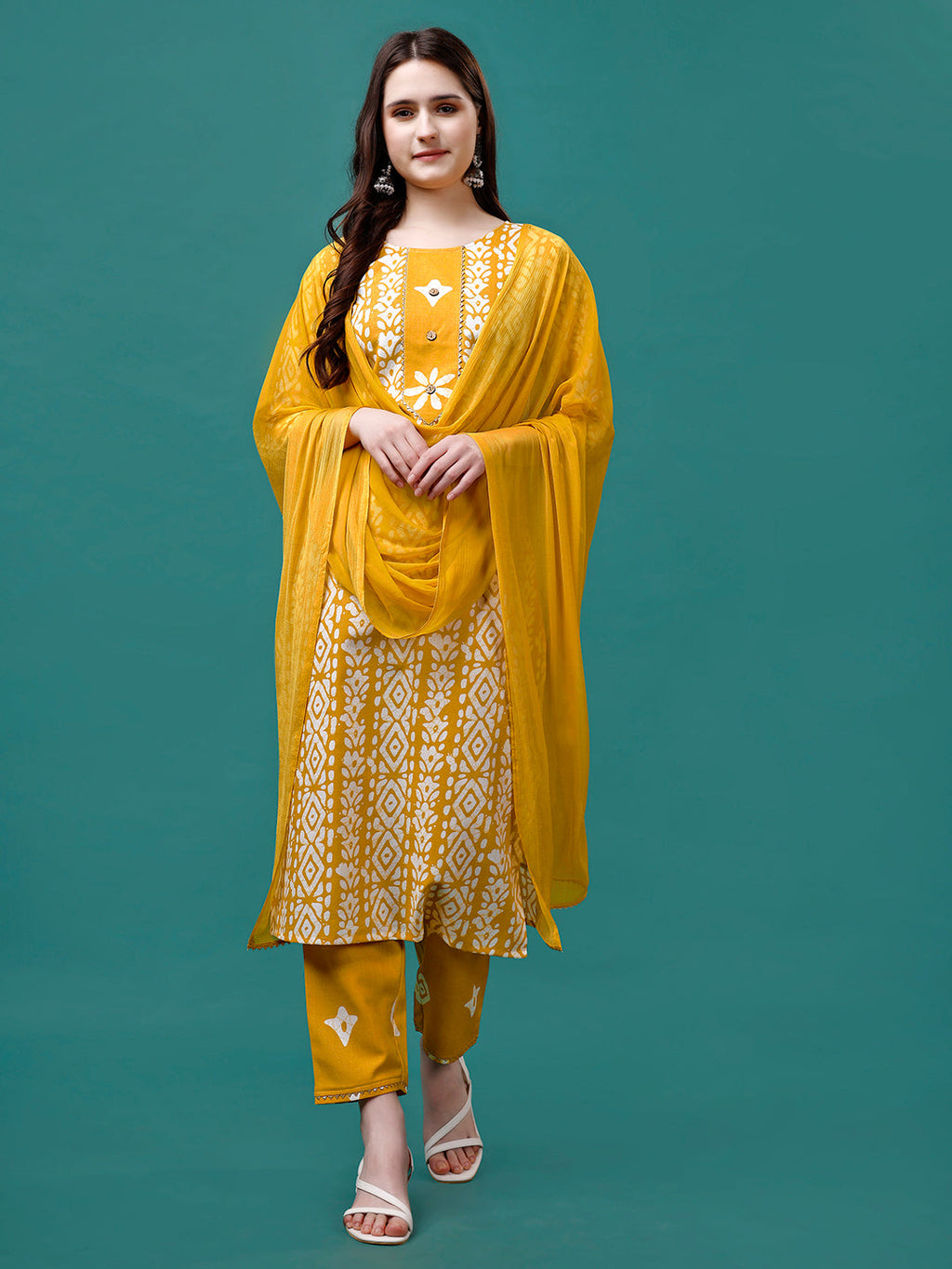 Bandhani Printed Cotton Kurta With Pant & Dupatta, Multicolor - Hiral Fashion - Distacart