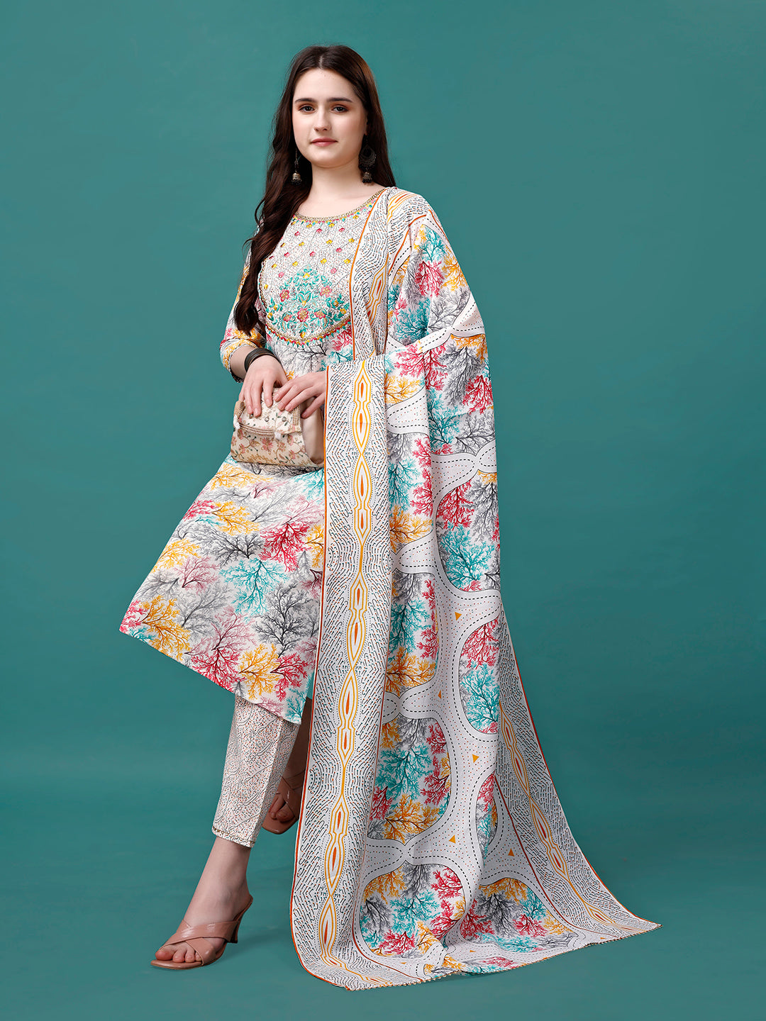 Embroidered & Printed Multicolor Kurta With Pant & Printed Dupatta, Multicolor - Hiral Fashion - Distacart