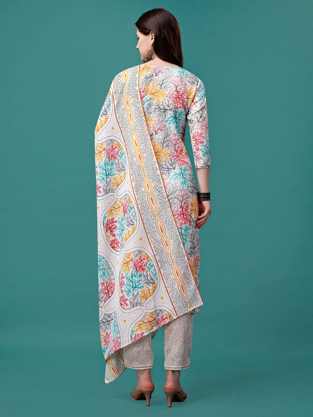 Embroidered & Printed Multicolor Kurta With Pant & Printed Dupatta, Multicolor - Hiral Fashion - Distacart