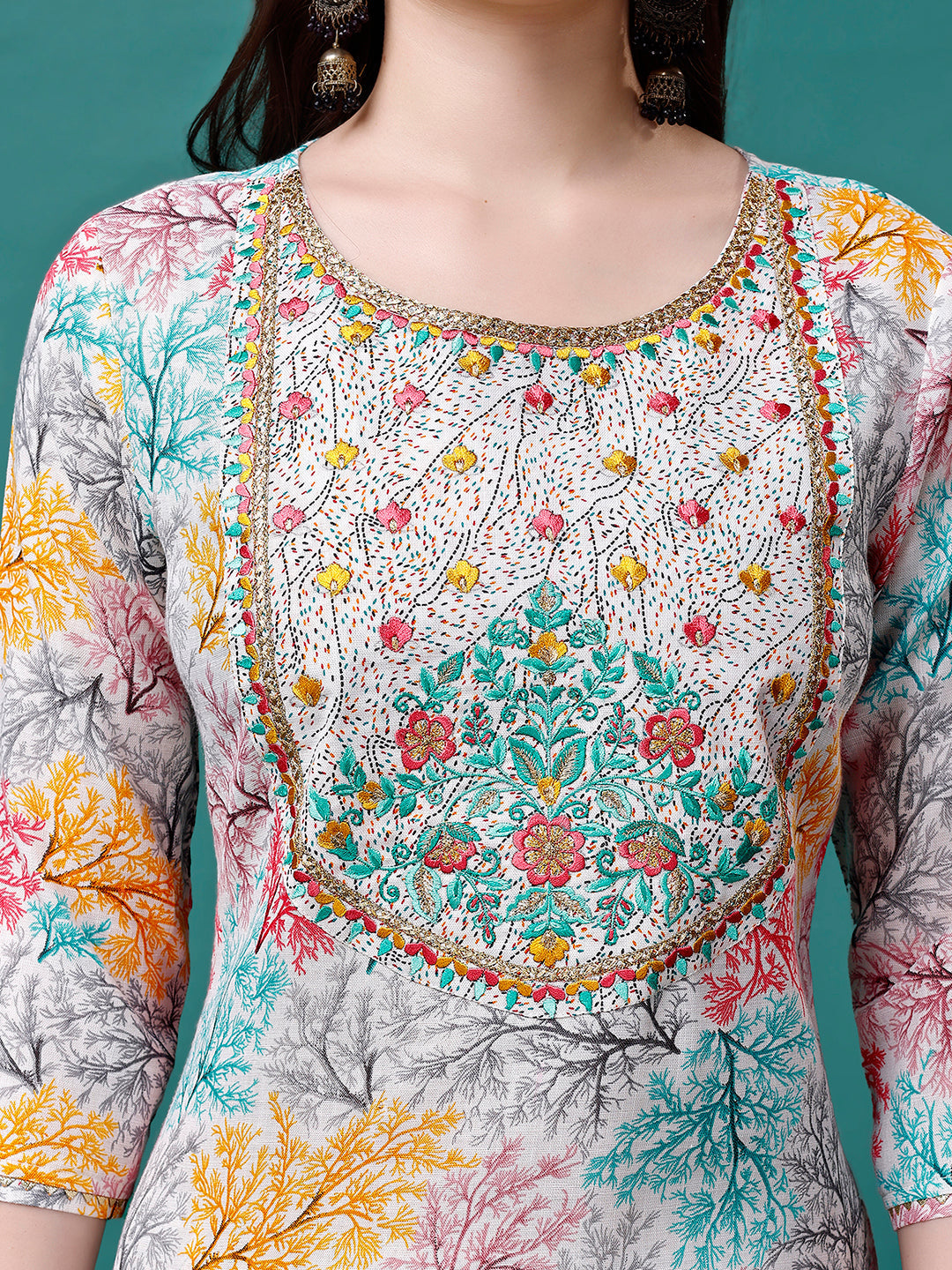 Embroidered & Printed Multicolor Kurta With Pant & Printed Dupatta, Multicolor - Hiral Fashion - Distacart