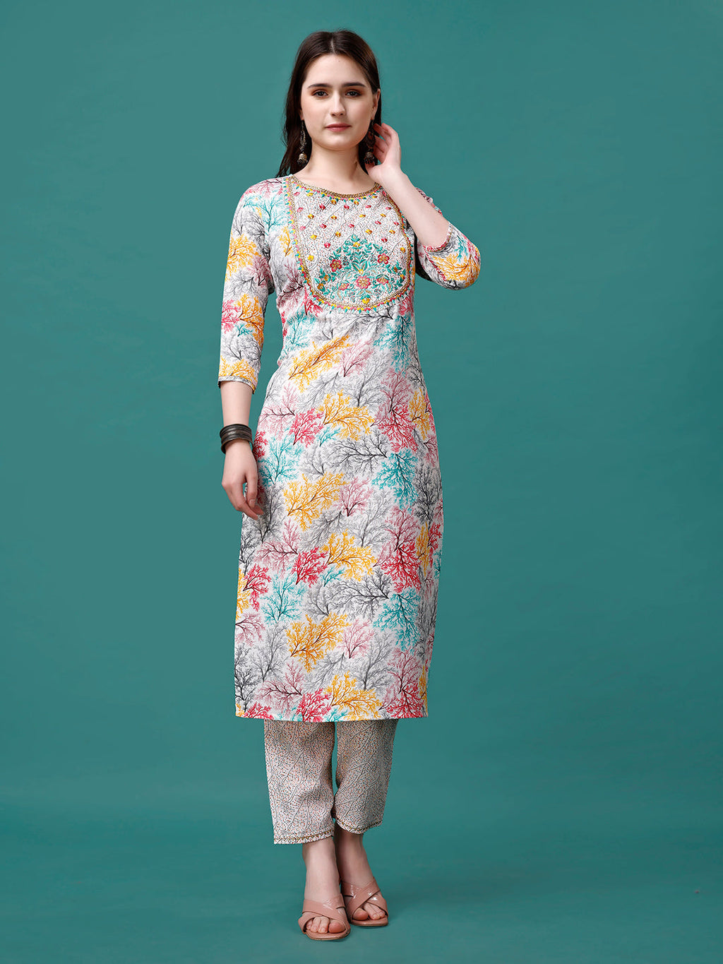 Embroidered & Printed Multicolor Kurta With Pant & Printed Dupatta, Multicolor - Hiral Fashion - Distacart