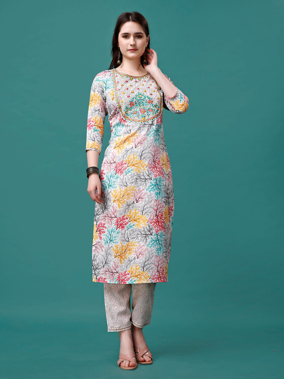 Embroidered & Printed Multicolor Kurta With Pant & Printed Dupatta, Multicolor - Hiral Fashion - Distacart