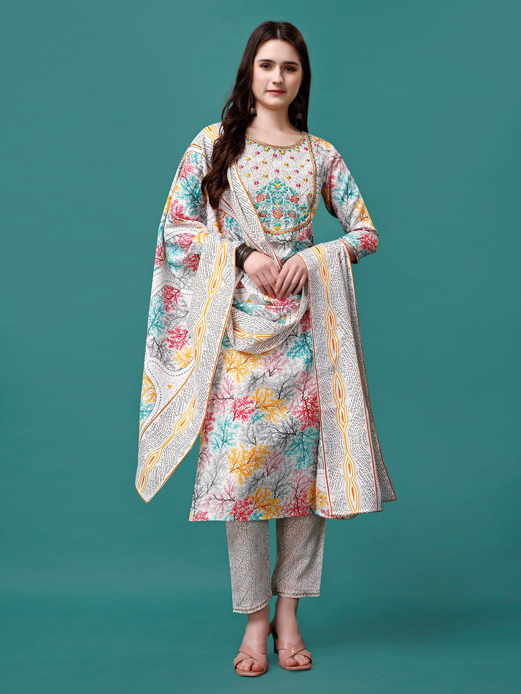 Embroidered & Printed Multicolor Kurta With Pant & Printed Dupatta, Multicolor - Hiral Fashion - Distacart