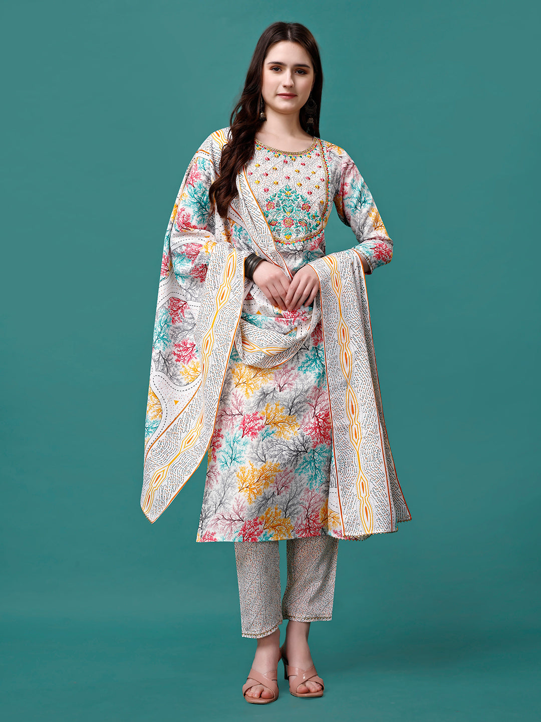 Embroidered & Printed Multicolor Kurta With Pant & Printed Dupatta, Multicolor - Hiral Fashion - Distacart