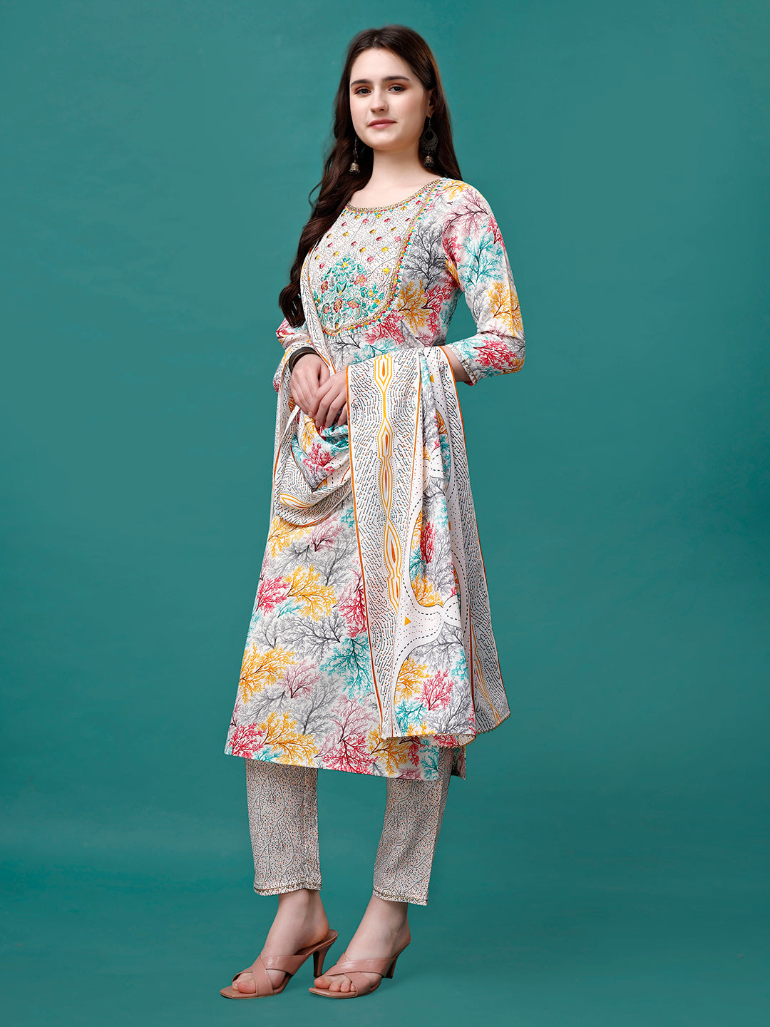 Embroidered & Printed Multicolor Kurta With Pant & Printed Dupatta, Multicolor - Hiral Fashion - Distacart