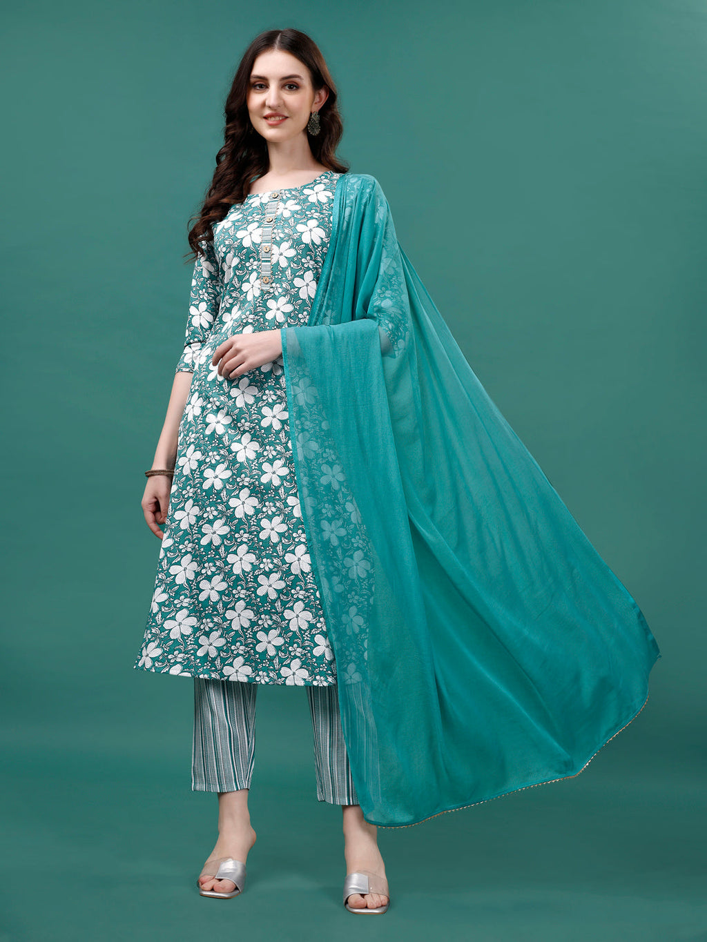 Floral Printed Casual Wear Kurta With Pant & Dupatta, Multicolor - Hiral Fashion - Distacart