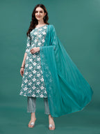 Floral Printed Casual Wear Kurta With Pant & Dupatta, Multicolor - Hiral Fashion - Distacart