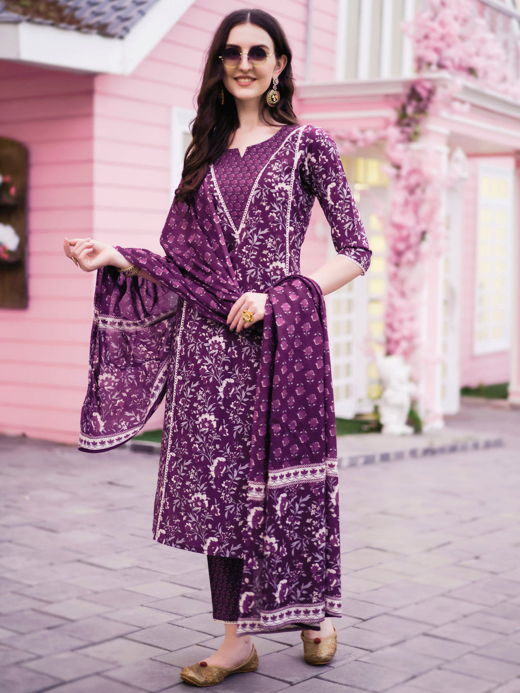 Floral Printed Kurta With Pant & Dupatta, Multicolor - Hiral Fashion - Distacart