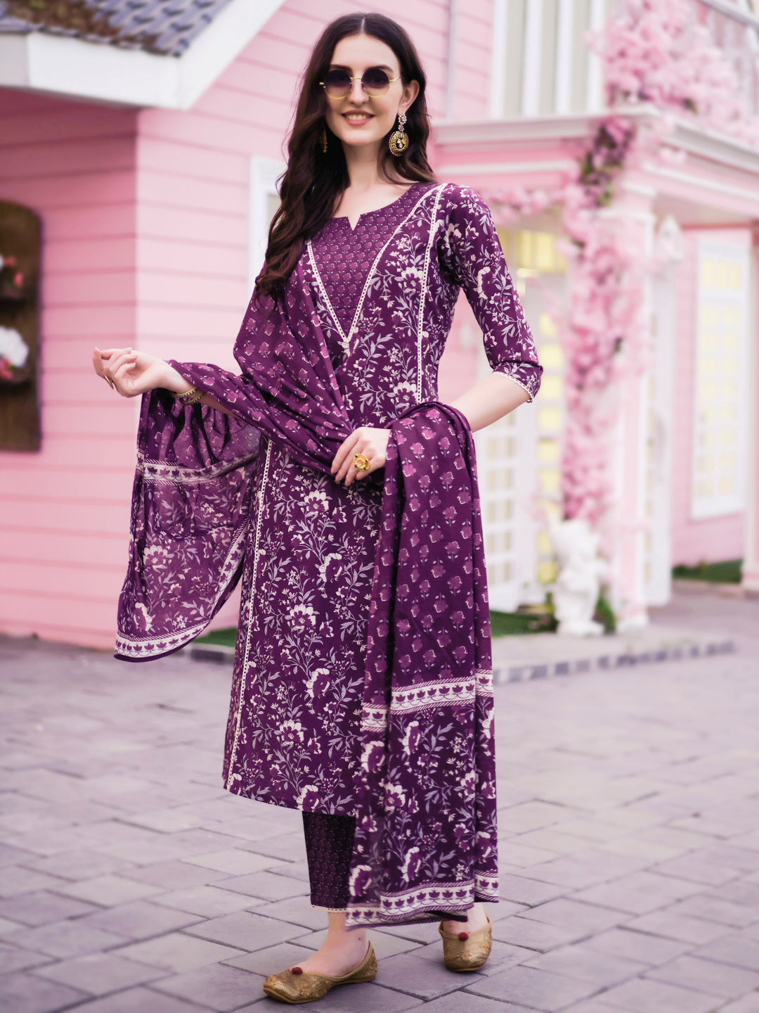 Floral Printed Kurta With Pant & Dupatta, Multicolor - Hiral Fashion - Distacart