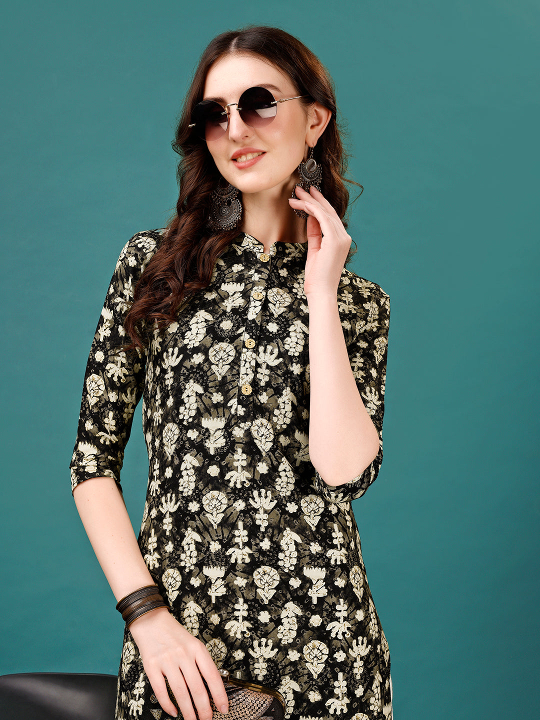 Ethnic Motifs Printed Front Buttoned Rayon Kurta, Multicolor - Hiral Fashion - Distacart