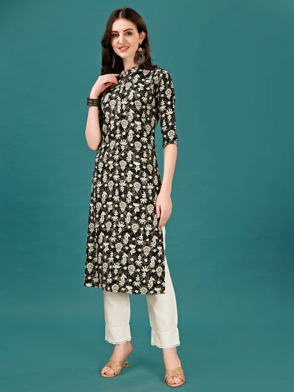 Ethnic Motifs Printed Front Buttoned Rayon Kurta, Multicolor - Hiral Fashion - Distacart